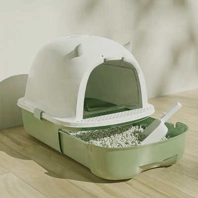 B&Q -  Large Green Anti-Splash Detachable Little Devil Design Cat Litter Box With Scoop And Lid