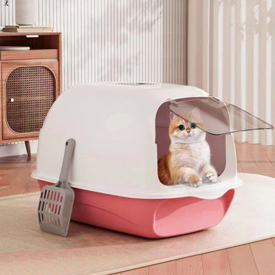 B&Q -  Large Pink Detachable Enclosed 180 Degree Flip-Top Cat Litter Box With Scoop 35Cm W X 50 Cm D X 35 Cm H