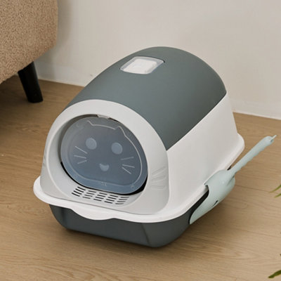B&Q -  Large Grey Enclosed Detachable Flip-Top Cat Litter Box With Scoop