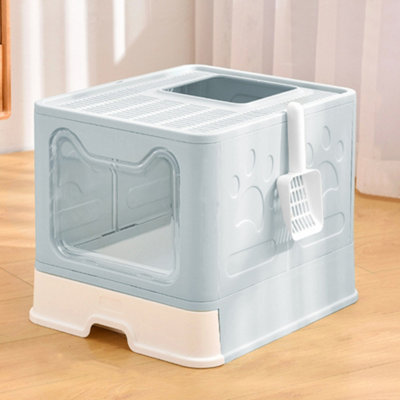 B&Q -  Large Blue Detachable Top Exit Plastic Folding Cat Litter Box With Slide-Out Tray And Scoop