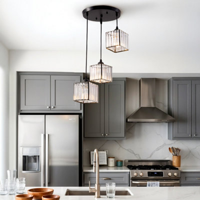 Thehotsale 3-Light Black Height Adjustable Crystal Square Lampshade Ceiling Pendant Light Fixture from B&Q