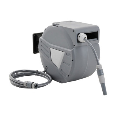 B&Q -  Wall Mounted Retractable Garden Hose Reel With Spray Nozzle Grey Coated 20M