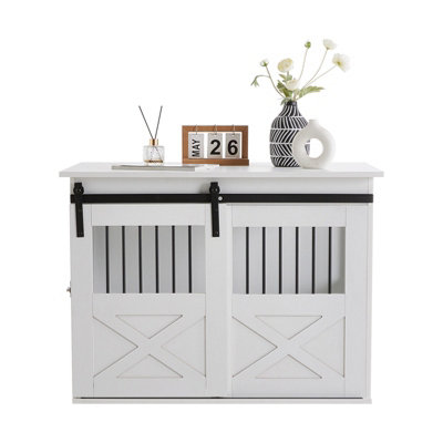 Living And Home White Wooden Dog Crate With Lockable Barn Door90Cm W X 60Cm D X 66Cm H from B&Q