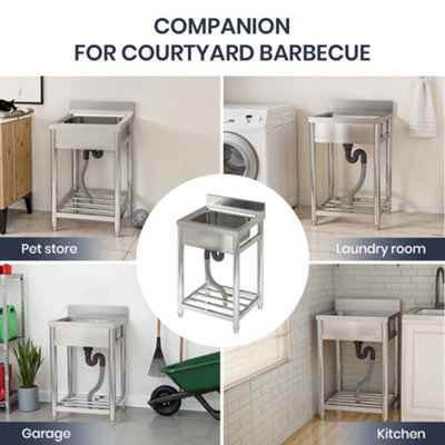 Darphe Commercial Kitchen Sink Freestanding Single Bowl Stainless Steel Sink With Bottom Shelf from B&Q