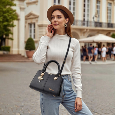 Thehotsale Fashionable Pu Leather Shoulder Bag Handbag Crocodile-Embossed Texture Black