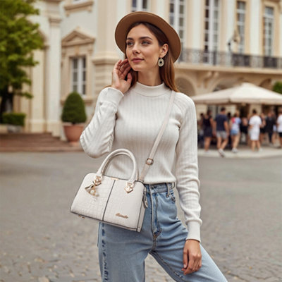 Thehotsale Fashionable Pu Leather Shoulder Bag Handbag Crocodile-Embossed Texture White Beige