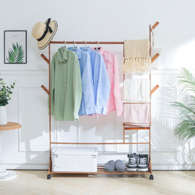 B&Q -  Bamboo Freestanding Clothes Rail Coat Hanging Rack With Wheels Brown
