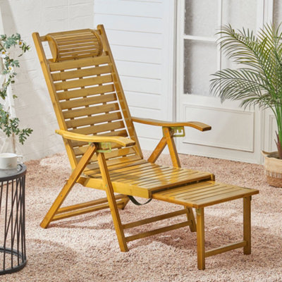 Breeins Brown Foldable Adjustable Balcony Wooden Bamboo Rocking Chair Lounge Chair Outdoor & Garden Sunloungers