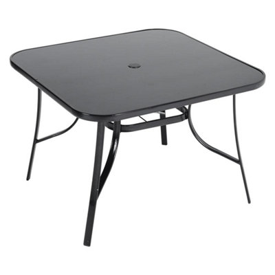 Breeins 105Cm W Square Wrought Iron Style Garden Table With Tempered Glass Top And Parasol HoleBlack from B&Q