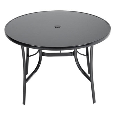 Breeins 105Cm Dia Round Wrought Iron Style Garden Table With Tempered Glass Top And Parasol HoleBlack from B&Q