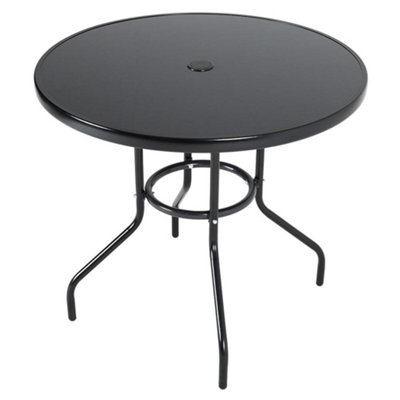 Breeins 80Cm Dia Round Wrought Iron Style Garden Table With Tempered Glass Top And Parasol HoleBlack from B&Q