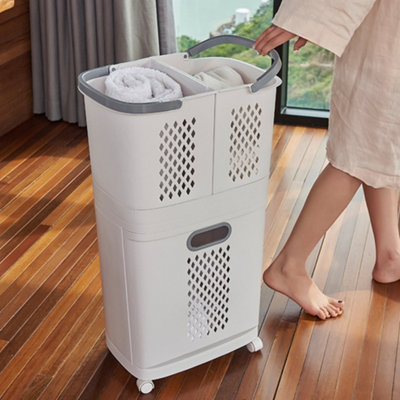 Darphe Double-Layer White Compartmentalized Household Dirty Clothes Basket With Pulleys 44Cm W X 31Cm D X 74Cm H from B&Q
