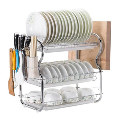 Darphe 3-Tier Chrome Dish Drainer Rack With Cutlery Holder & Drain Trays from B&Q