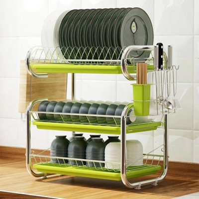Darphe 3-Tier Green Dish Drying Rack With Cutlery HolderSpace-Saving Kitchen Organizer from B&Q