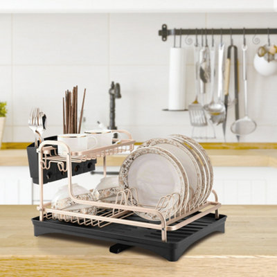 B&Q -  Rose Gold 2-Tier Dish Drying Rack With Utensil Holder & Drain Tray