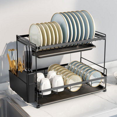 Darphe 2-Tier Black Metal Space-Saving Dish Drying Rack With Utensil Holder from B&Q