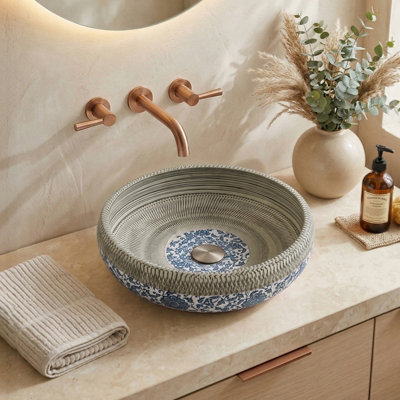 Living And Home Floral Pattern Basin Ceramic Countertop Washbasin Vessel Sink With Waste Kit from B&Q