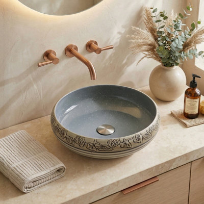 Living And Home Leaves Pattern Basin Ceramic Countertop Washbasin Vessel Sink With Waste Kit from B&Q