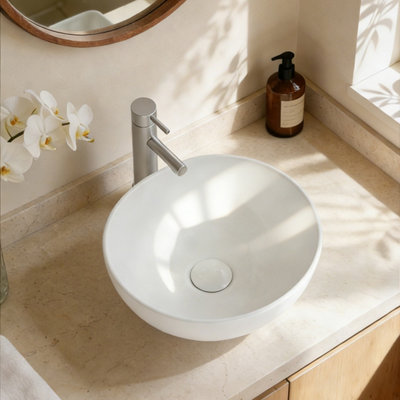 B&Q -  Ceramic Countertop Basin With Central Drain Set White Bowl Shape Basin