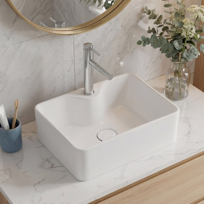 B&Q -  Rectangular Ceramic Countertop Basin With Central Drain Set In White
