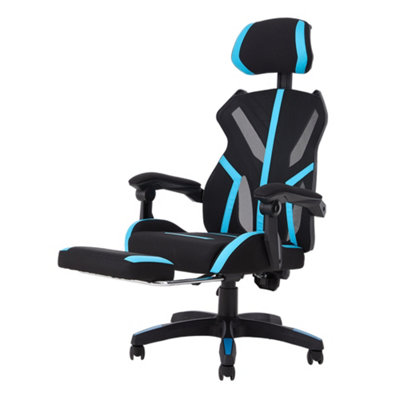 B&Q -  High Back Black And Blue Gaming Chair With Footrest