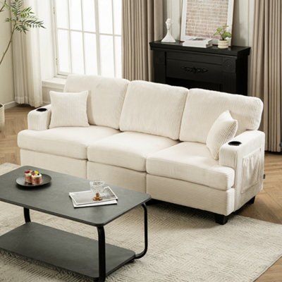 Living And Home 3-Seater White Corduroy Upholstered Sofa With Throw Pillows from B&Q