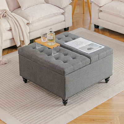 Living And Home Square Grey Linen Upholstered Storage Ottoman With Lift-Top And Flip Design from B&Q