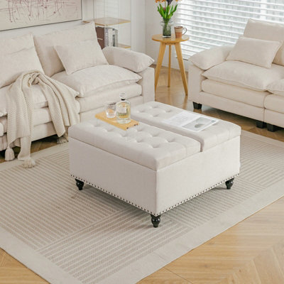 Living And Home Square Beige Linen Upholstered Storage Ottoman With Lift-Top And Flip Design from B&Q