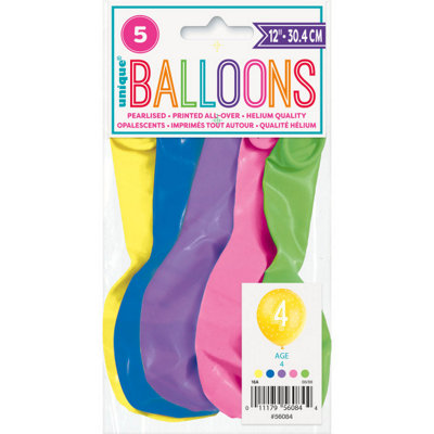 Unique Pack Of 5 Number 4 12" Latex Balloons from B&Q