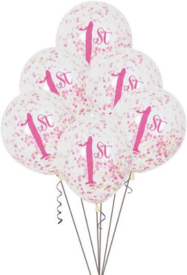 Unique Pack Of 6 Pink & Gold First Birthday Clear Latex Balloons With Confetti 12" from B&Q