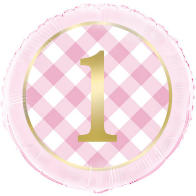 Unique Pink Gingham 1St Birthday Round Foil Balloon 18" from B&Q