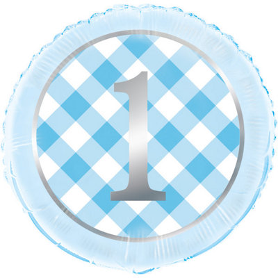 Unique Blue Gingham 1St Birthday Round Foil Balloon 18" from B&Q
