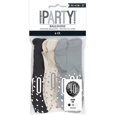 Unique Pack Of 6 Birthday Glitz BlackSilver& White Number 40 12" Latex Balloons from B&Q