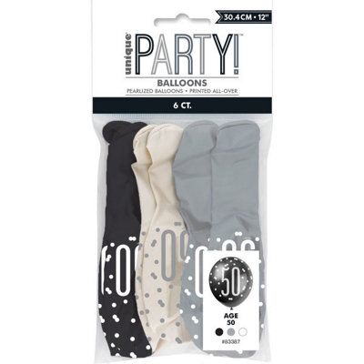 Unique Pack Of 6 Birthday Glitz BlackSilver& White Number 50 12" Latex Balloons from B&Q