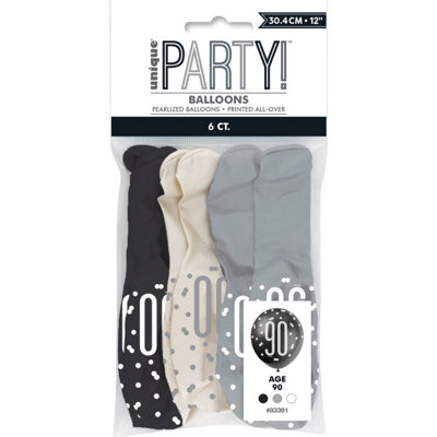 Unique Pack Of 6 Birthday Glitz BlackSilver& White Number 90 12" Latex Balloons from B&Q