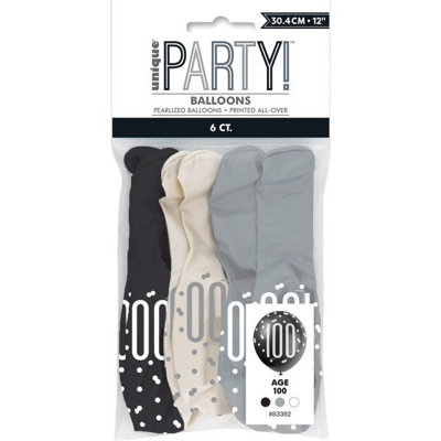 Unique Pack Of 6 Birthday Black Glitz Number 100 12" Latex Balloons from B&Q