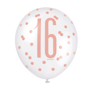 Unique Pack Of 6 12" Birthday Rose Gold Glitz Number 16 Latex Balloons from B&Q