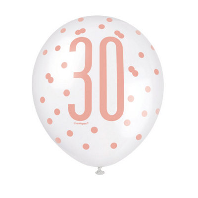 Unique Pack Of 6 12" Birthday Rose Gold Glitz Number 30 Latex Balloons from B&Q