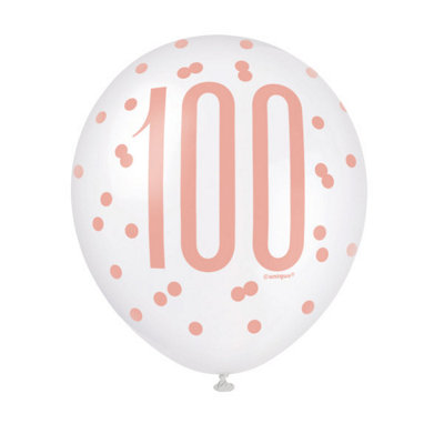 Unique Pack Of 6 12" Birthday Rose Gold Glitz Number 100 Latex Balloons from B&Q