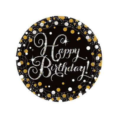 Amscan Sparkling Celebration Happy Birthday 9 " Paper Plates Pack Of 8 Black/Gold