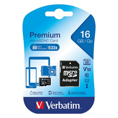 Verbatim 44082 16 Gb Class 10 Microsdhc Memory Card With Adaptor