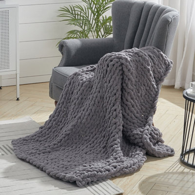 Living And Home Dark/Grey Ultra Soft Comfortable Soft Handwoven Knitted Chenille Blanket For Couch And Bed X 100Cm W 150Cm B&Q