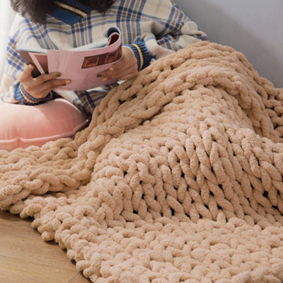 Living And Home Khaki Ultra Soft Exquisite Handwoven Knitted Chenille Blanket For Couch And Bed Four Season 100Cm L X 80Cm W