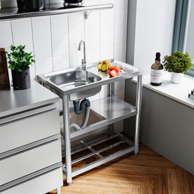 Living And Home Reversible 1 Compartment Commercial Floorstanding Stainless Steel Kitchen Sink With 2 Tier Storage Shelf from B&Q