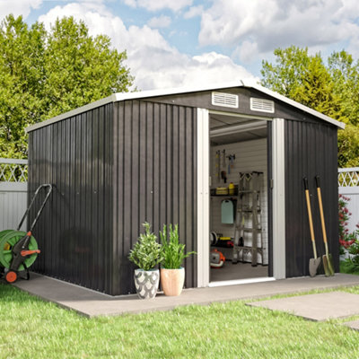 Living And Home 8 X 6 Ft Charcoal Black Apex Metal Shed Garden Storage Shed With Base