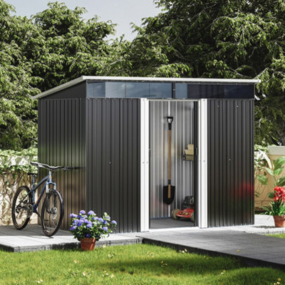 Living And Home 8X6 Ft Metal Garden Storage Shed Pent Roof Double Lockable Sliding Doors,charcoal Black