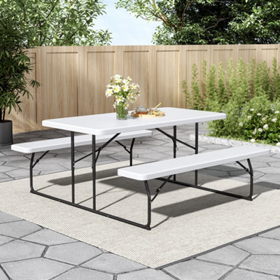 B&Q -  White Picnic Foldable Table Bench Set 6 Seater Camping Table Set Garden Picnic And Bench Set With Parasol Hole