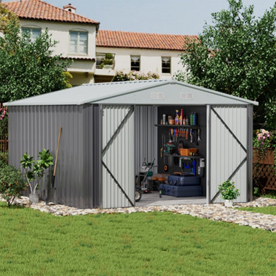 Living And Home 10 X 10 Ft Grey Apex Metal Garden Storage Shed Outdoor Storage Shed With Lockable Double Door