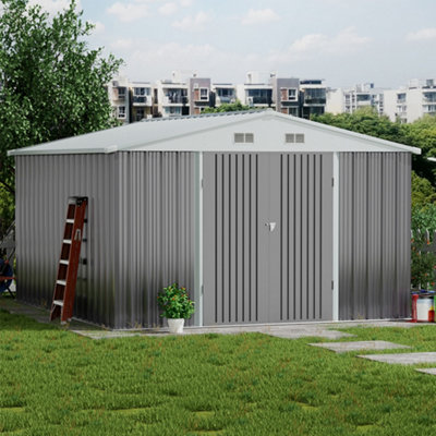 Living And Home 10X12Ft Grey Apex Metal Garden Storage Shed Outdoor  Storage Shed With Lockable Double Door