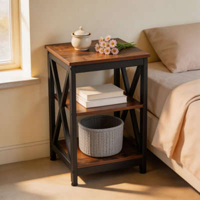 B&Q -  Vintage Wooden Bedside Table Side Table With 2 Tier Storage Shelf